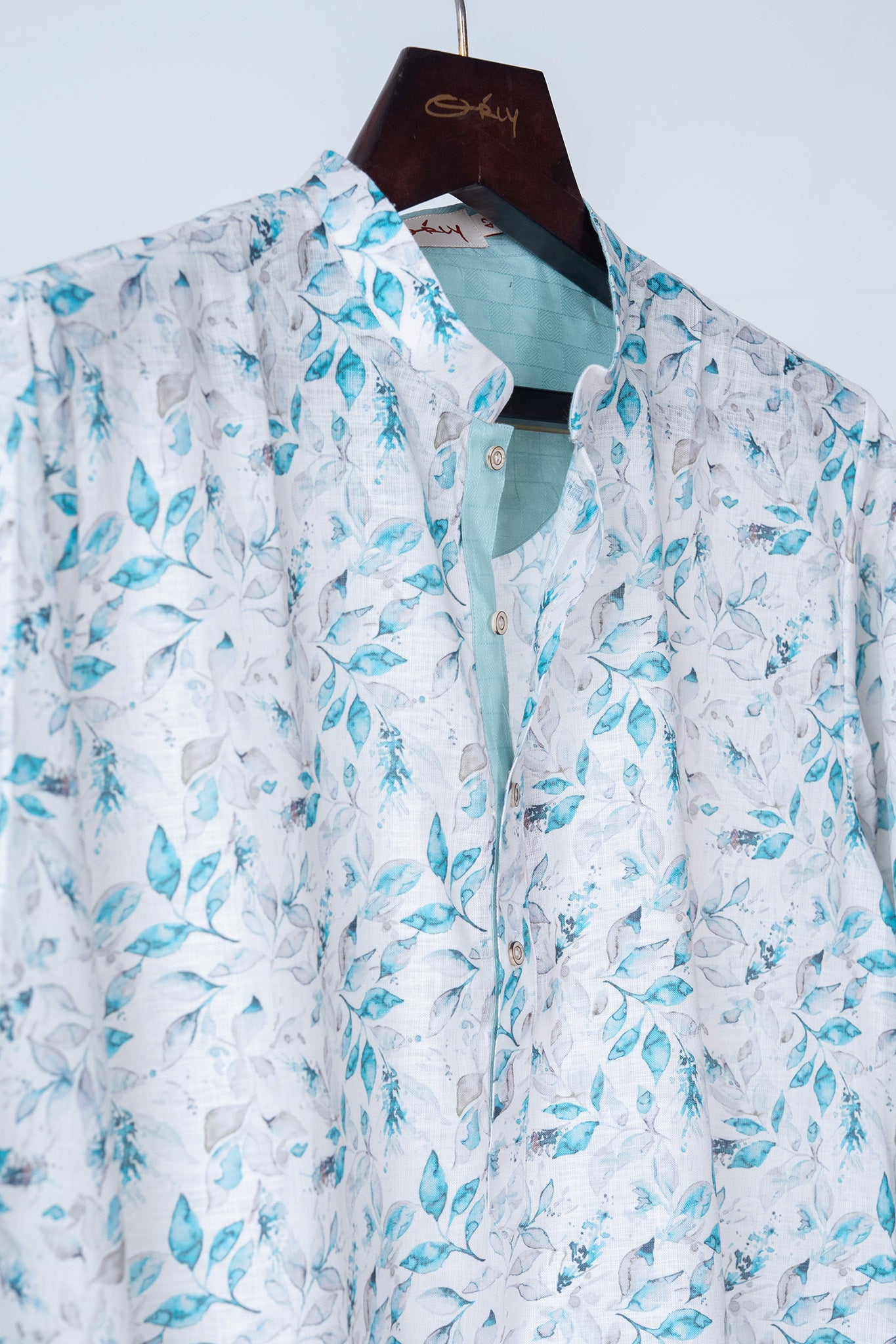 White Kurta with Soft Blue Floral Print
