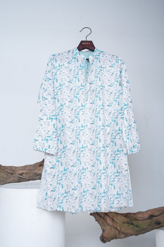 White Kurta with Soft Blue Floral Print
