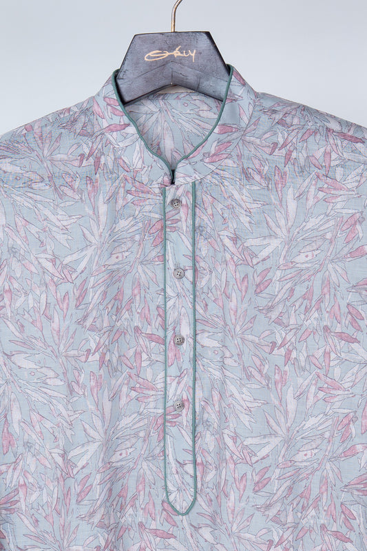 Mist Blue Botanical Print Cotton Kurta