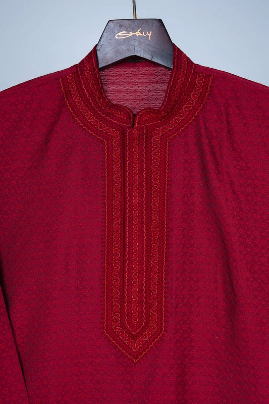 Deep Red Jacquard Kurta Set with Hand Embroidery