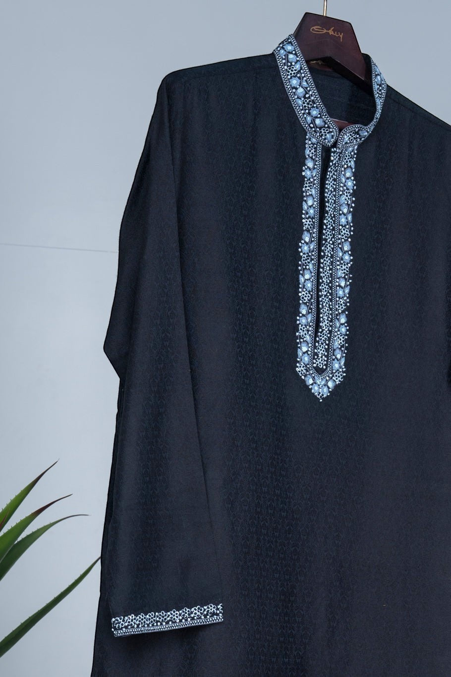 Black Floral Hand Embroidered Placket Kurta Set
