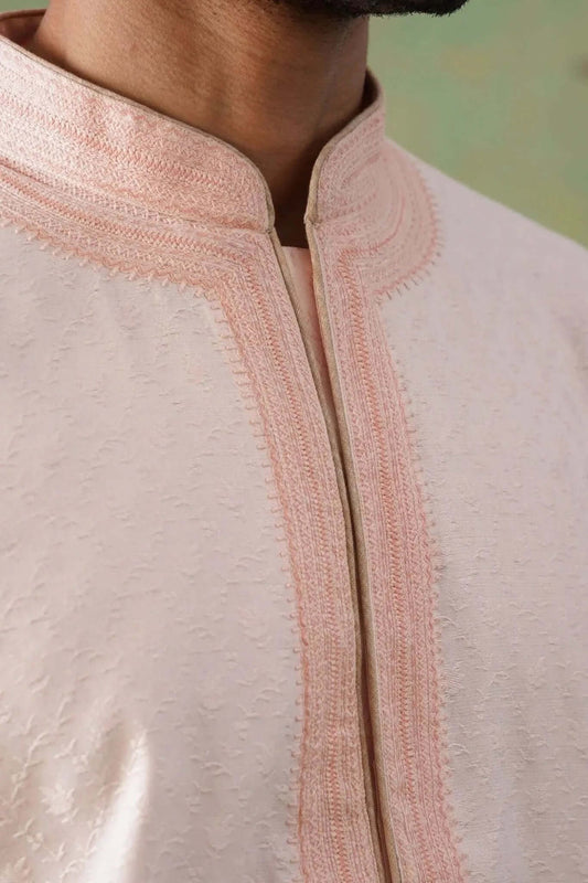 Dusty Rose Textured Kurta Set with Delicate Hand Embroidery