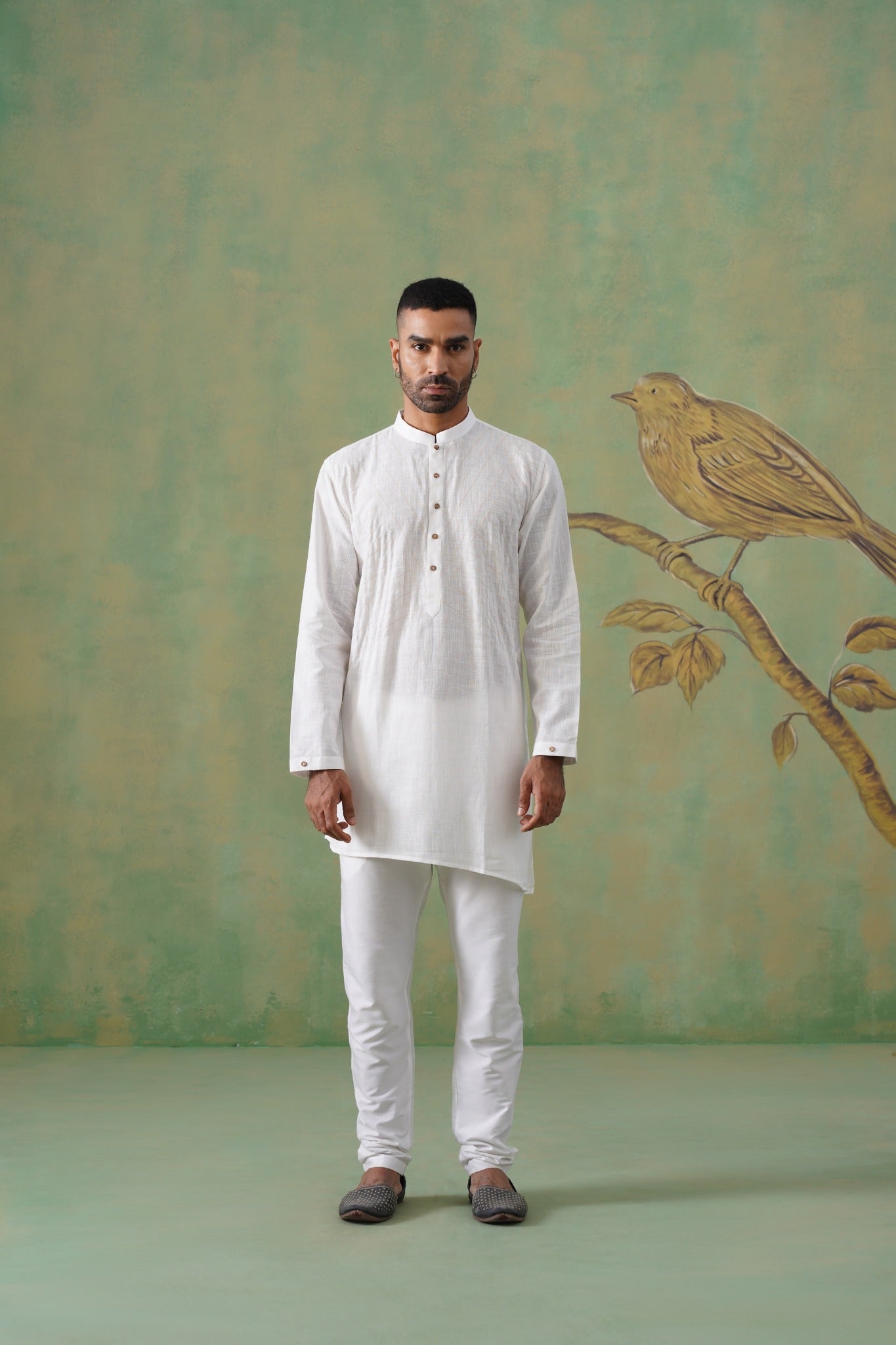White Cotton Saddle Stitch Short Kurta