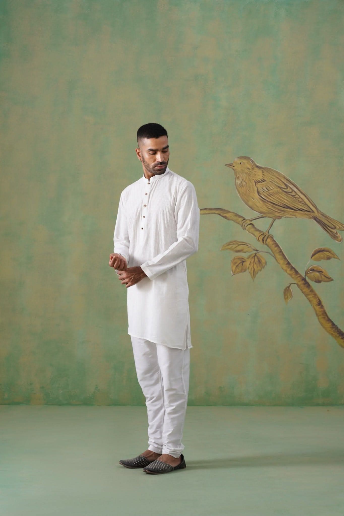 White Cotton Saddle Stitch Short Kurta