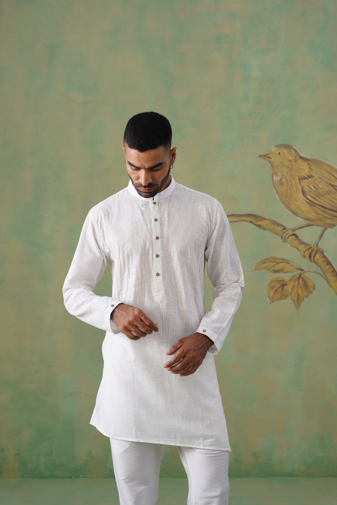 White Cotton Saddle Stitch Short Kurta