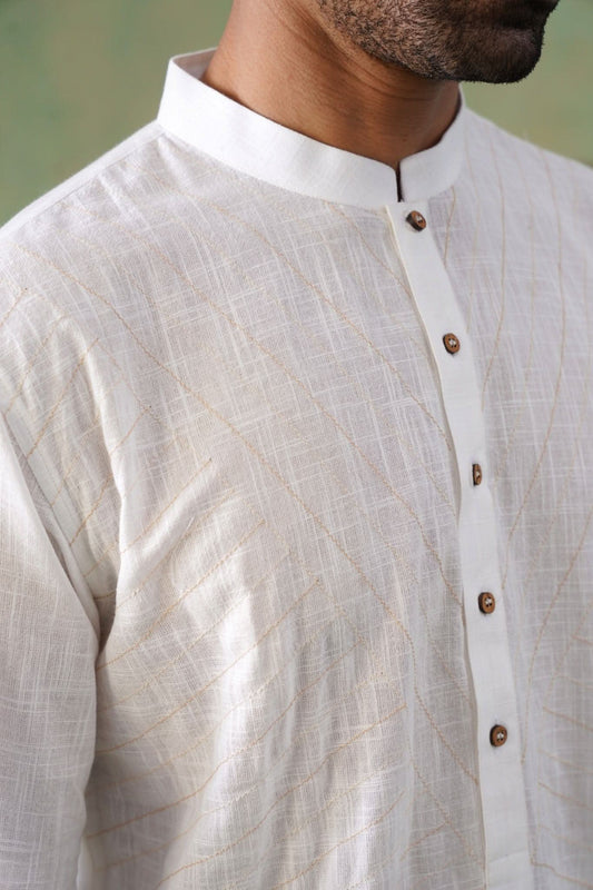 White Cotton Saddle Stitch Short Kurta