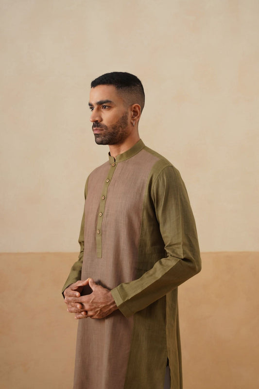 Olive & Brown Dual-Tone Short Kurta