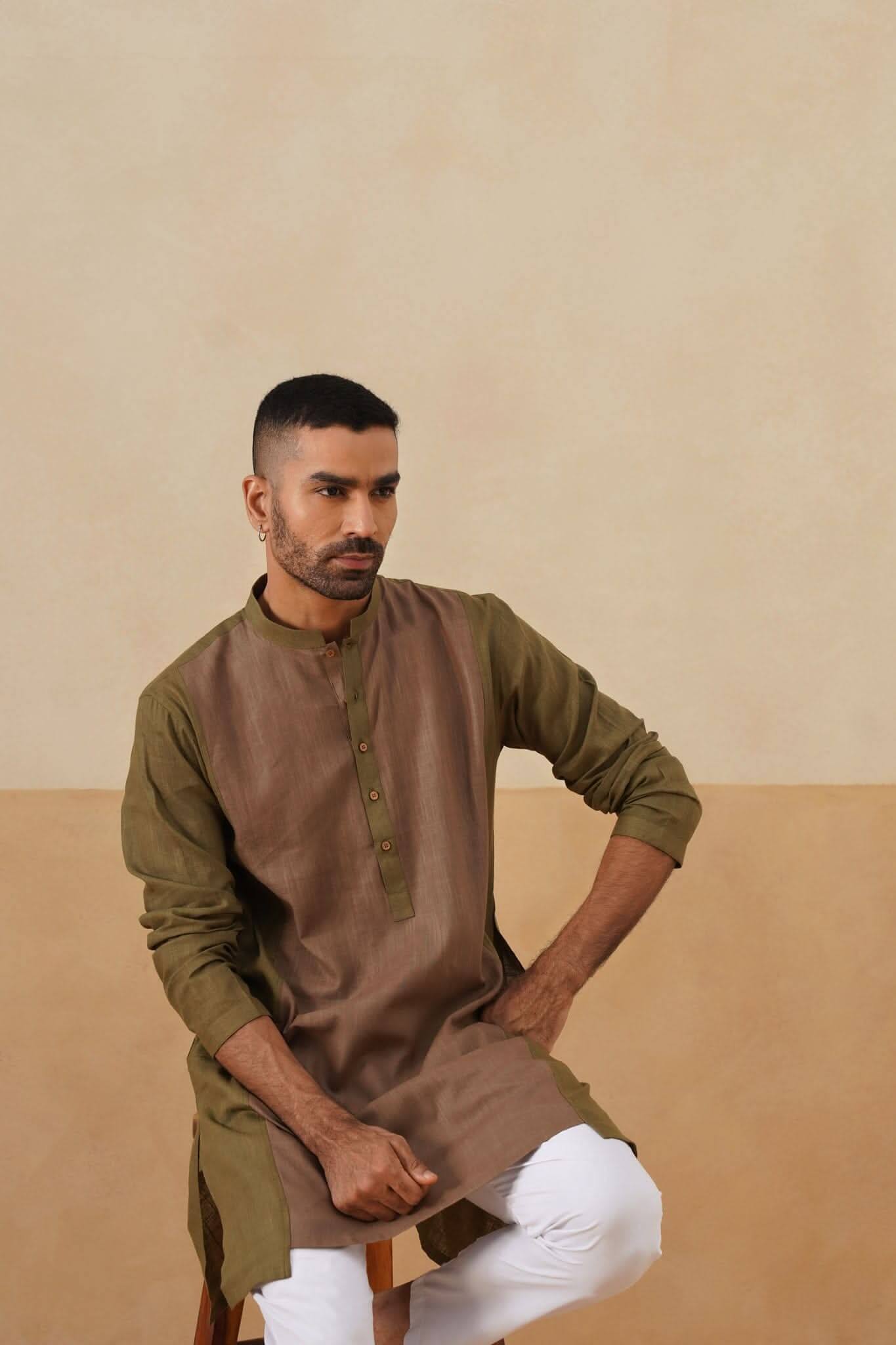 Olive & Brown Dual-Tone Short Kurta