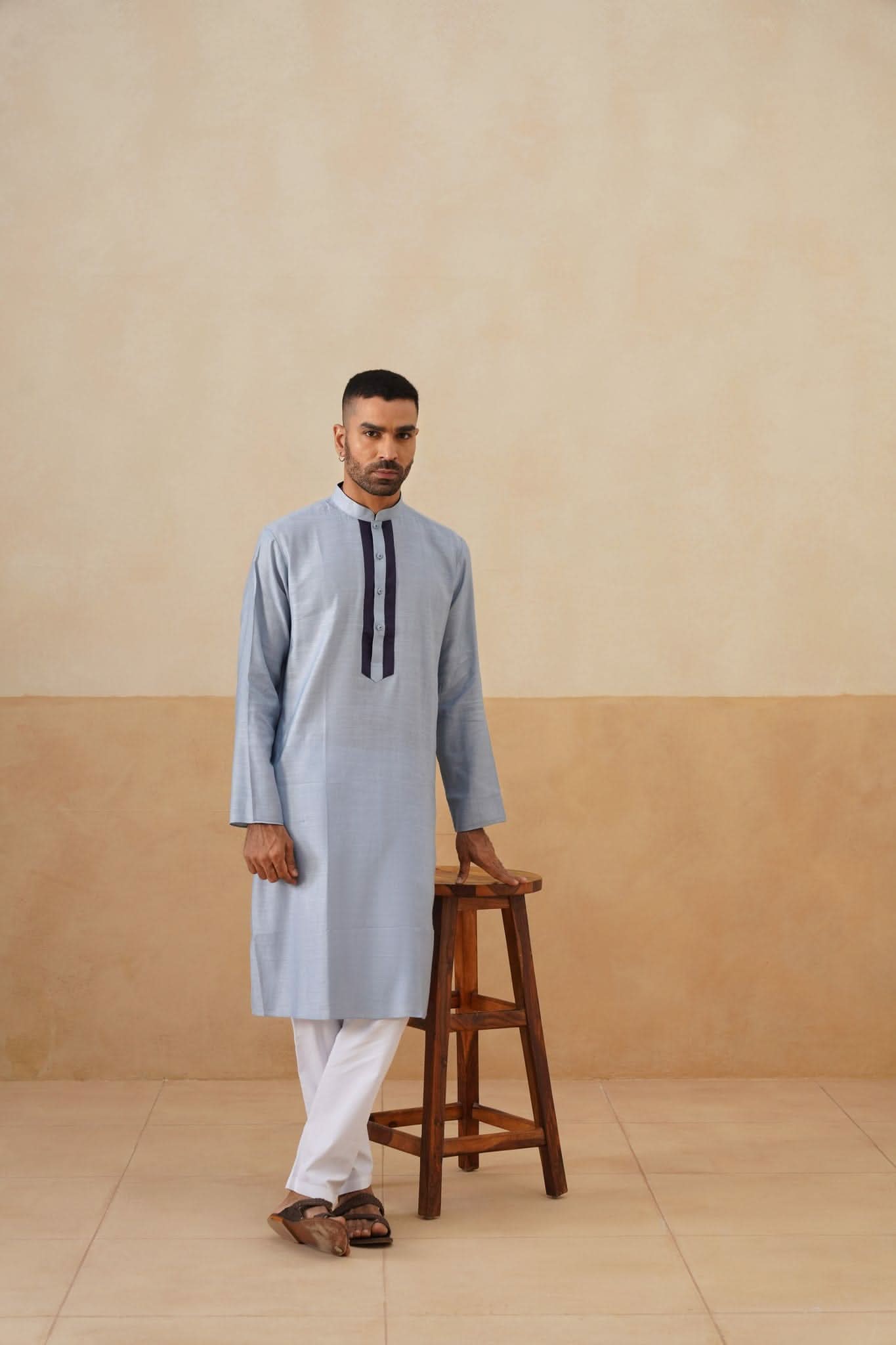 Powder Blue Kurta with Navy Placket Detailing