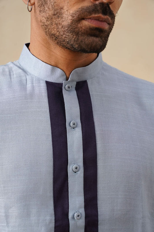 Powder Blue Kurta with Navy Placket Detailing