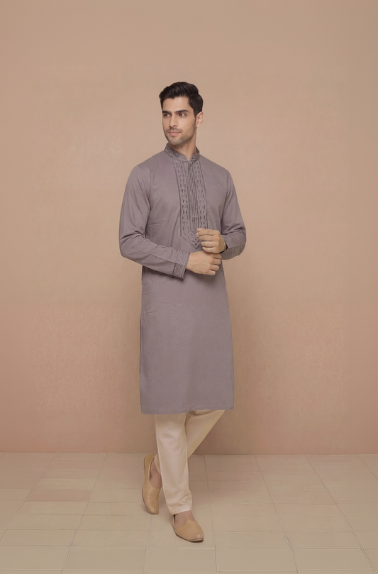 Grey Solid Kurta Set with Tonal Embroidered Placket