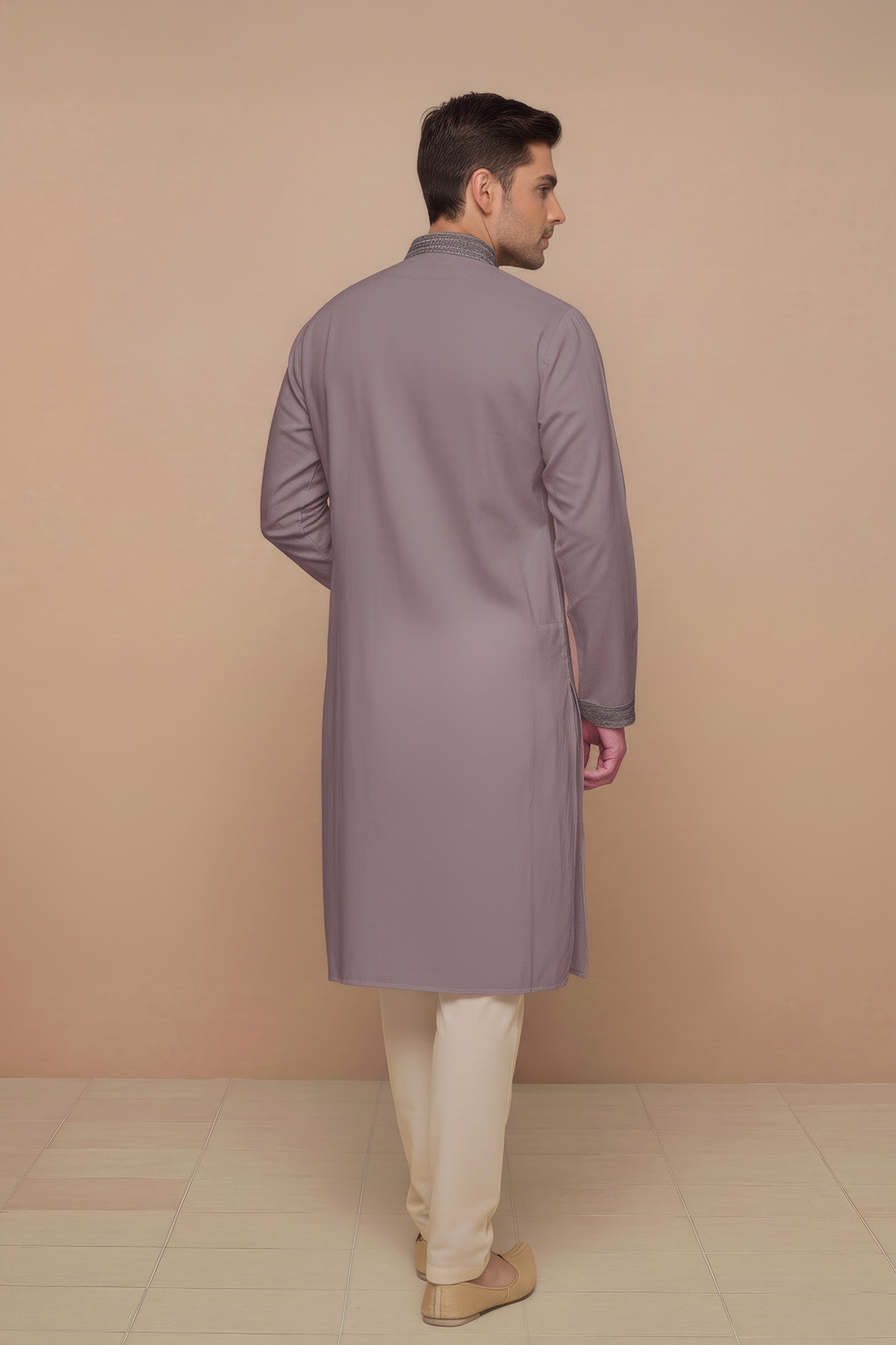 Grey Solid Kurta Set with Tonal Embroidered Placket