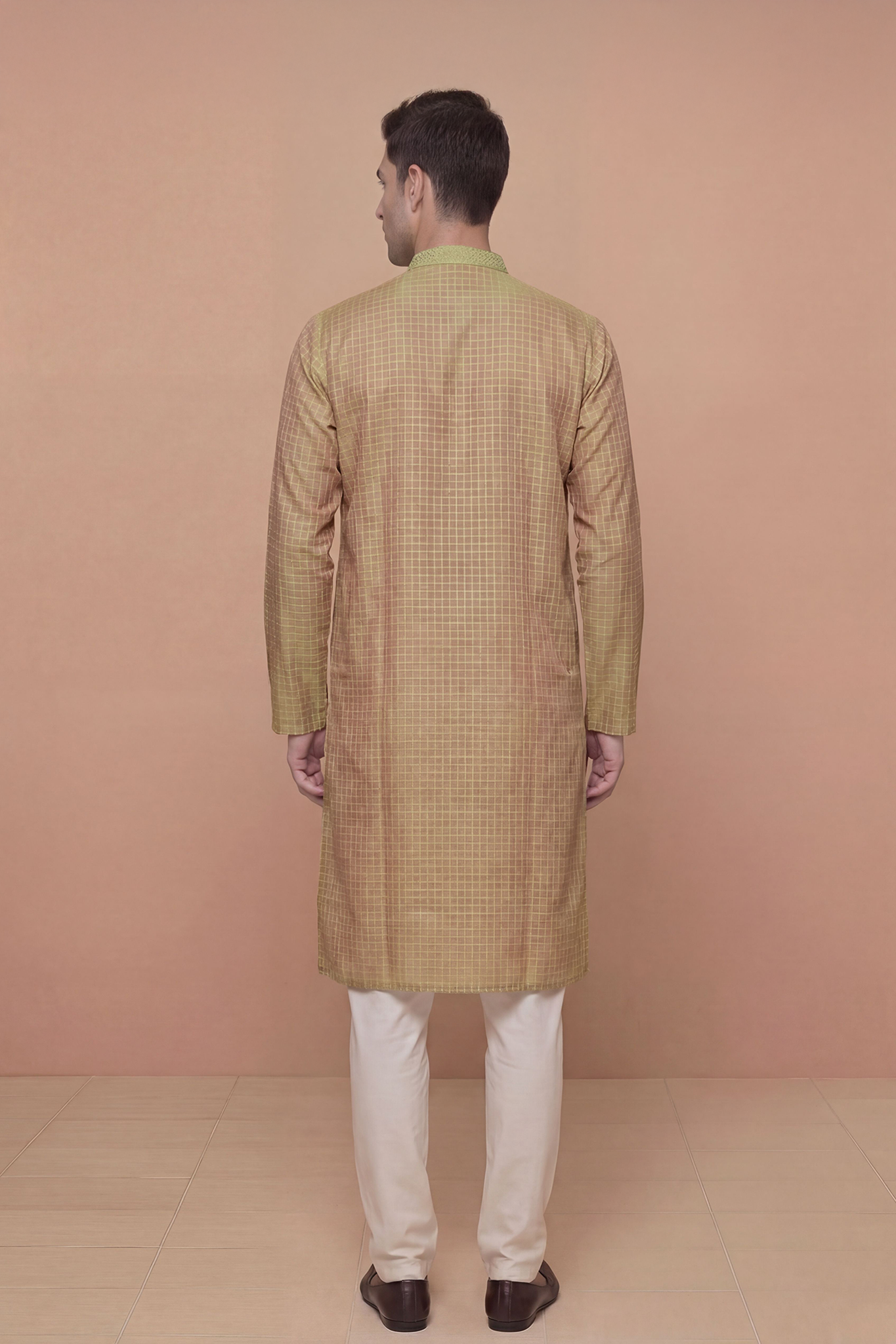 Dusty Rose Checkered Kurta Set with Olive Embroidered Placket