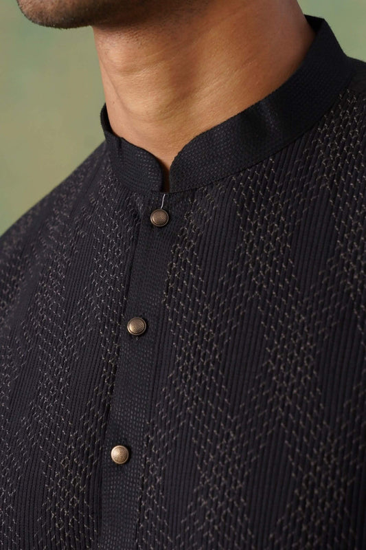 Black Pintex Kurta Set with Mandarin Collar