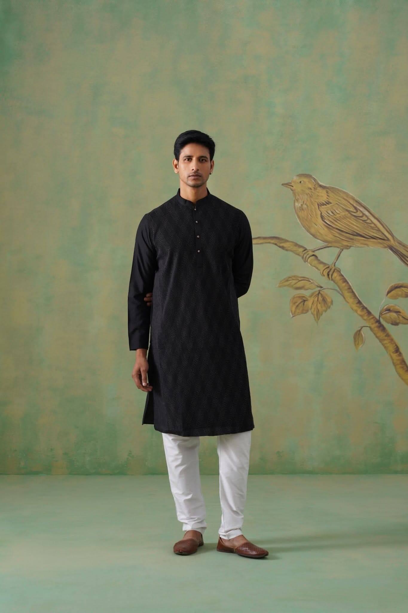 Black Pintex Kurta Set with Mandarin Collar