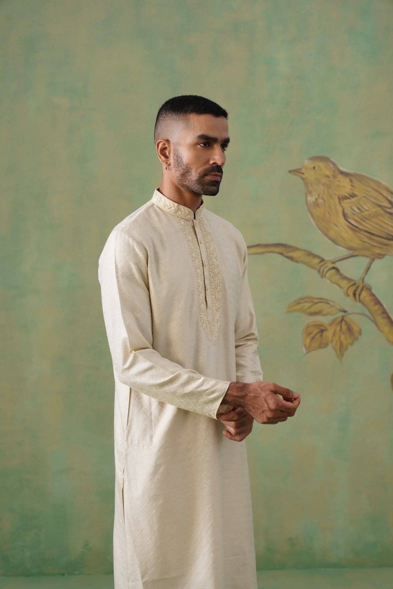 Ivory Jacquard Kurta Set with Hand-Embroidery