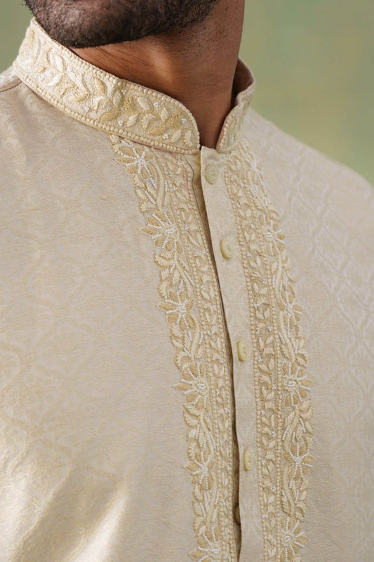 Ivory Jacquard Kurta Set with Hand-Embroidery