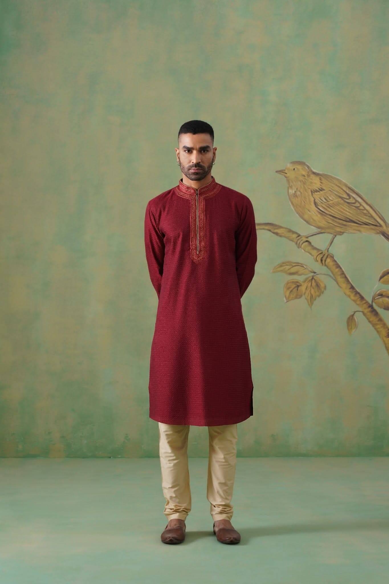 Maroon Jacquard Kurta Set with Hand Embroidery