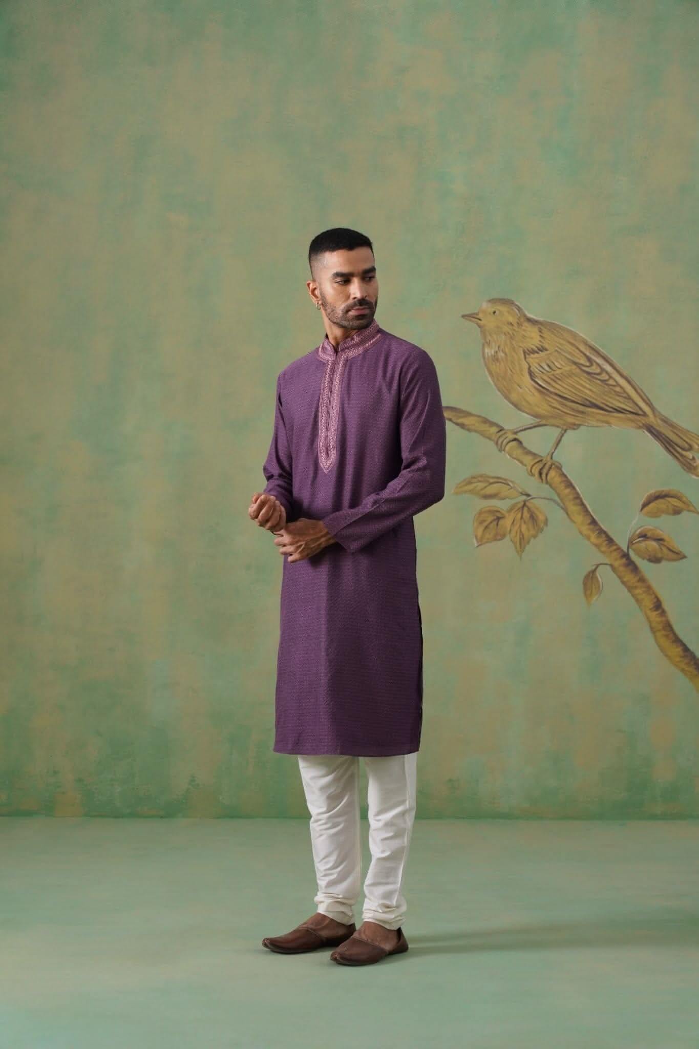 Purple Jacquard Kurta Set with Hand Embroidery