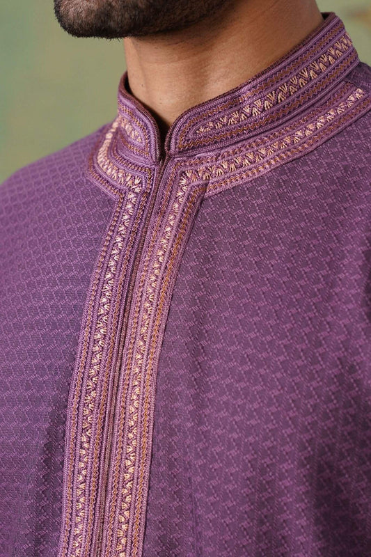 Purple Jacquard Kurta Set with Hand Embroidery