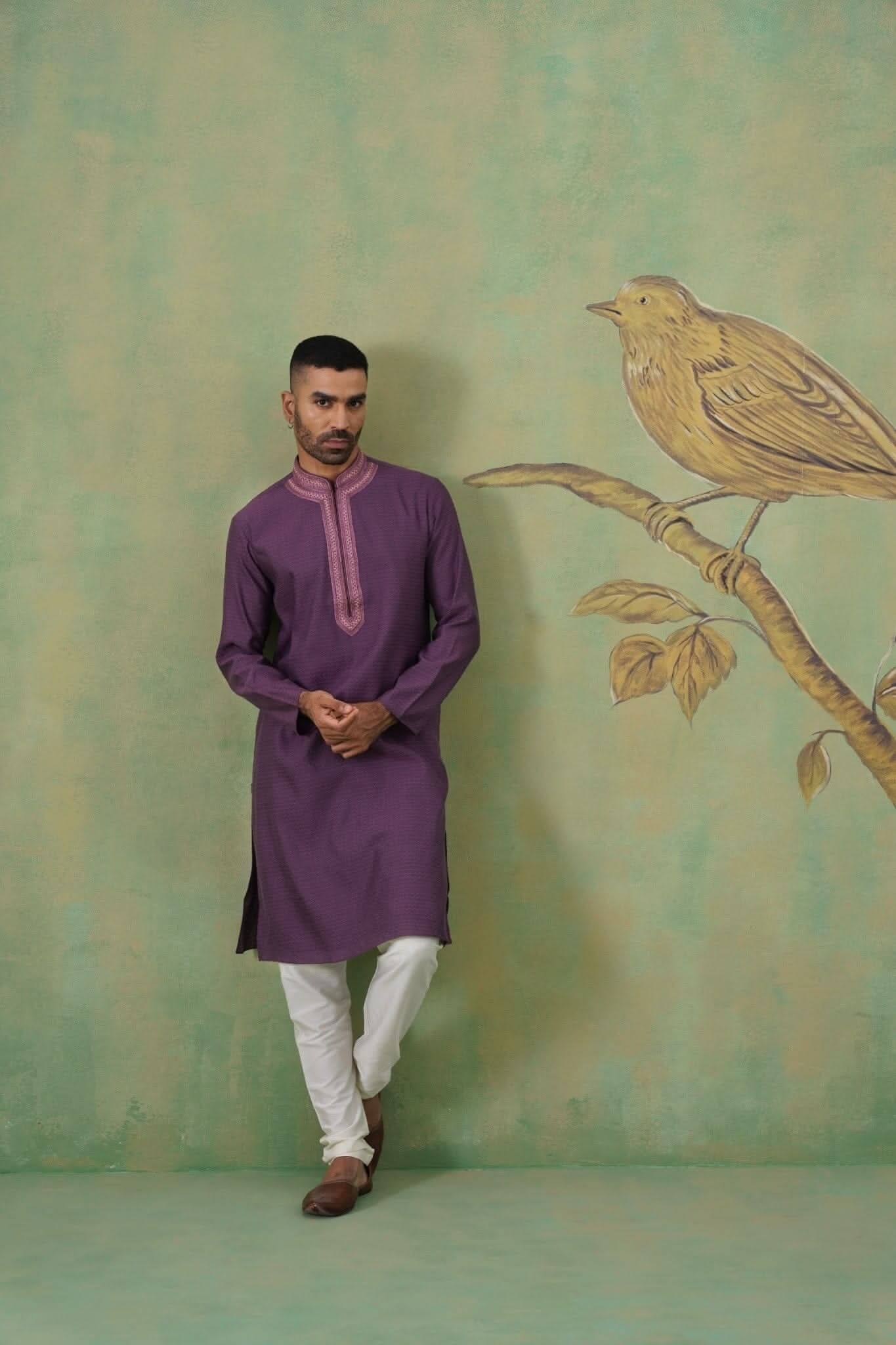 Purple Jacquard Kurta Set with Hand Embroidery