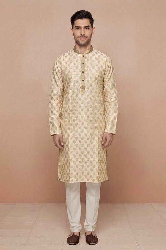 Cream Leaf Motif Jacquard Kurta Set