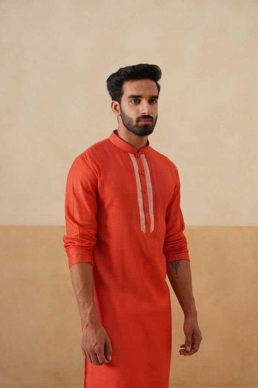 Saffron Cotton Kurta with Beige Placket