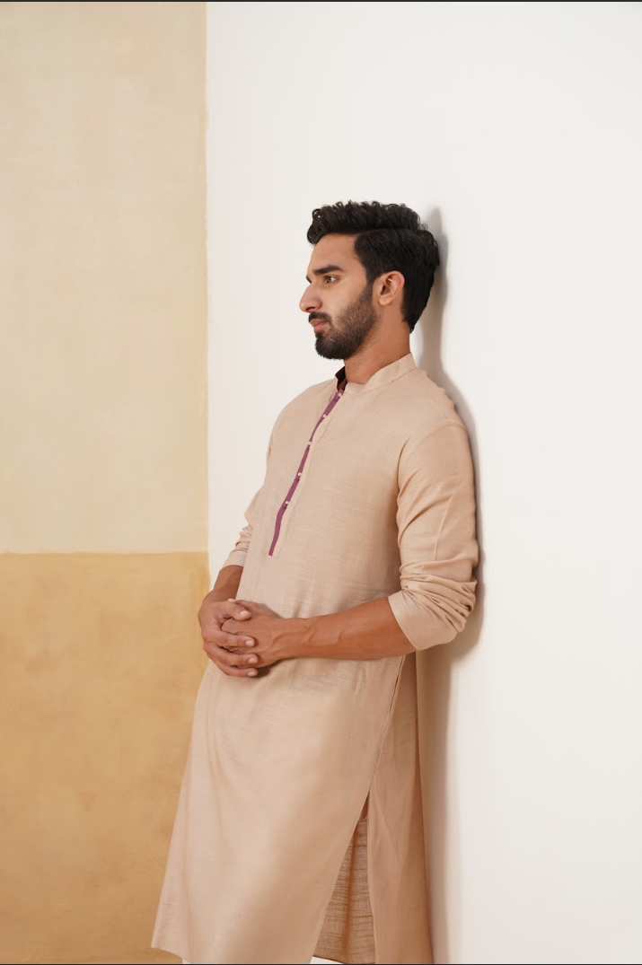 Beige Kurta with Contrast Maroon Placket