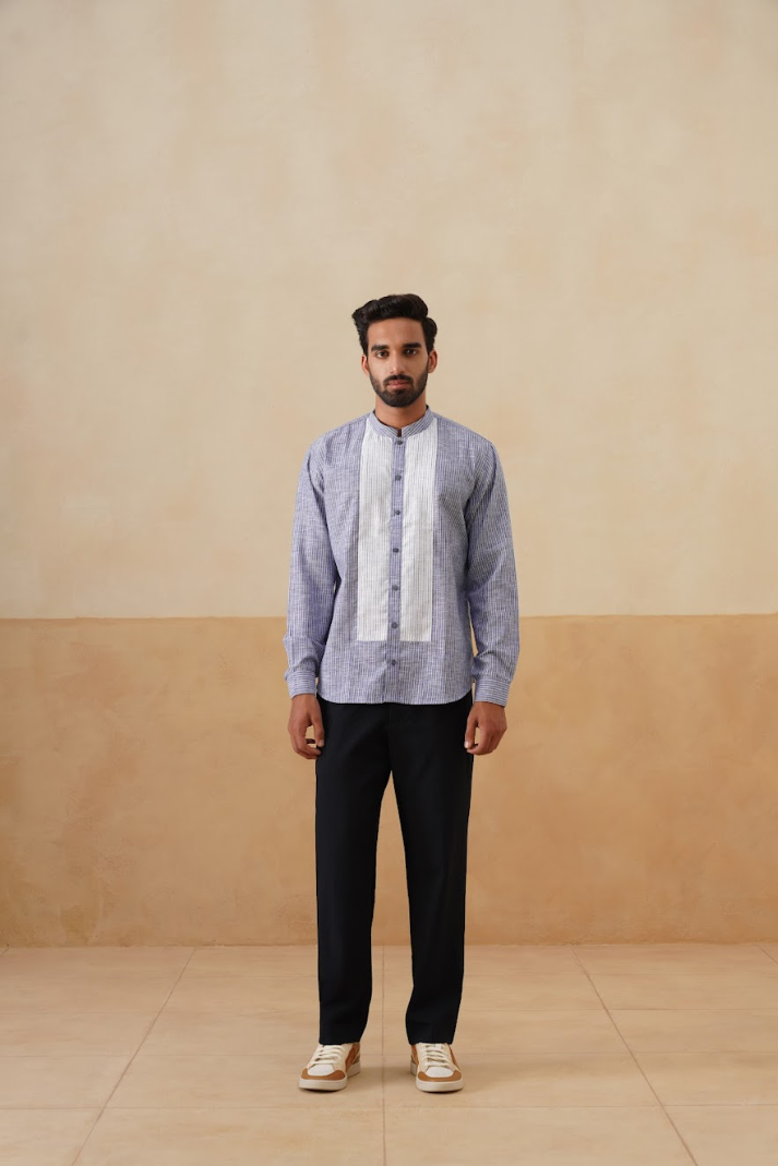 Indigo White Striped Panel Ethnic Shirt