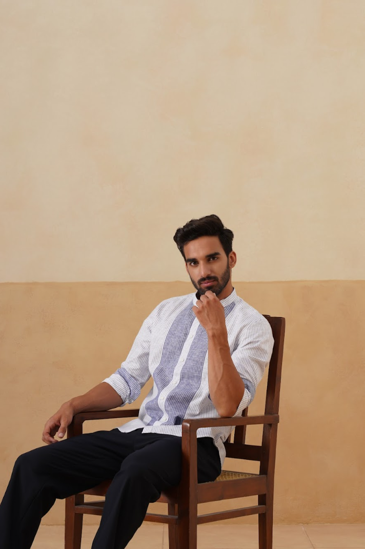 White and Blue Panel Ethnic Shirt