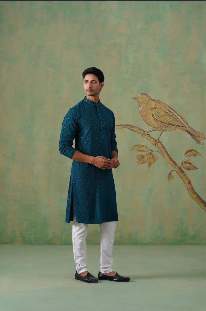 Teal Textured Sequin-Embellished Cotton Kurta Set