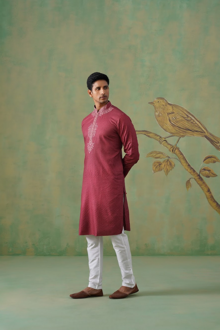 Maroon Hand-Embroidered Kurta Set
