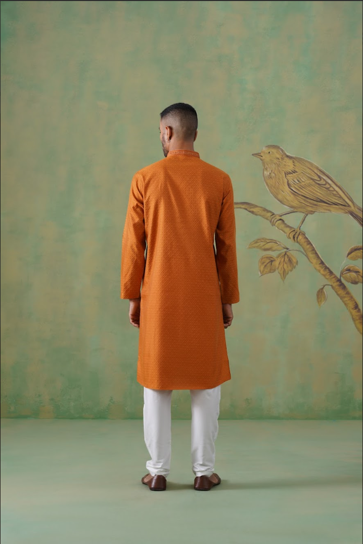 Rust Jacquard Hand Embroidered Kurta Set
