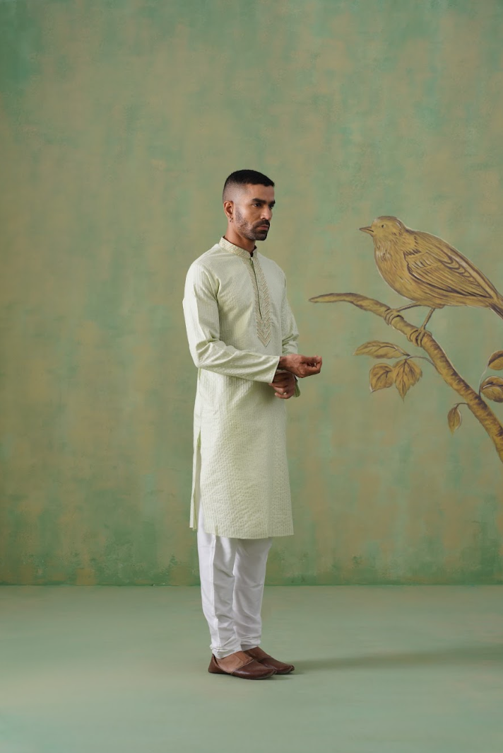 Pastel Pistachio Hand-Embroidered Cotton Blend Kurta Set