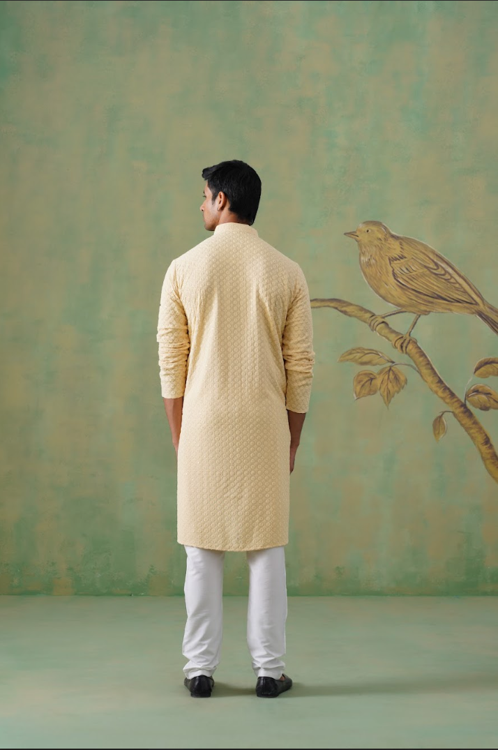 Cream Textured Sequin-Embellished Cotton Kurta Set