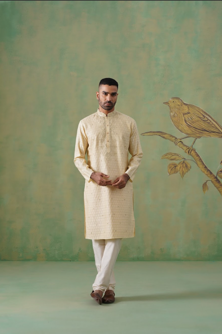 Golden Blended Silk Kurta Set with Hand Embroidery