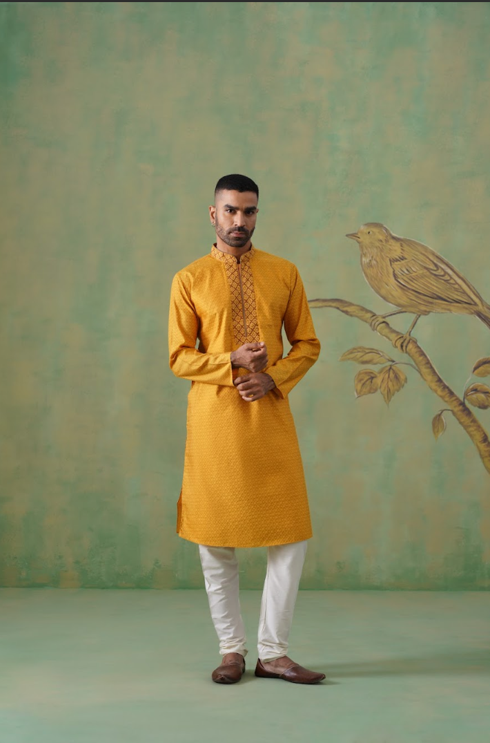 Mustard Jacquard Kurta Set with Embroidery