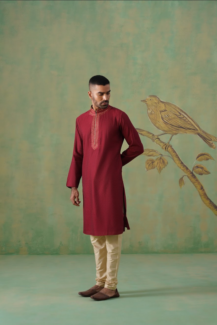 Maroon Jacquard Kurta Set with Hand Embroidery