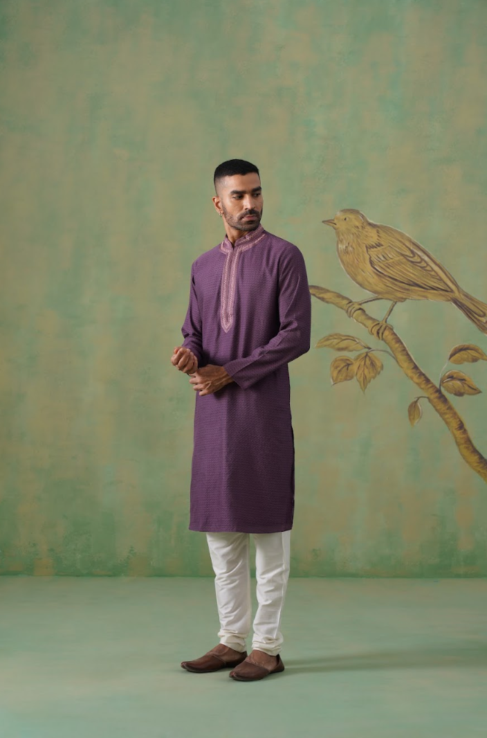 Purple Jacquard Kurta Set with Hand Embroidery
