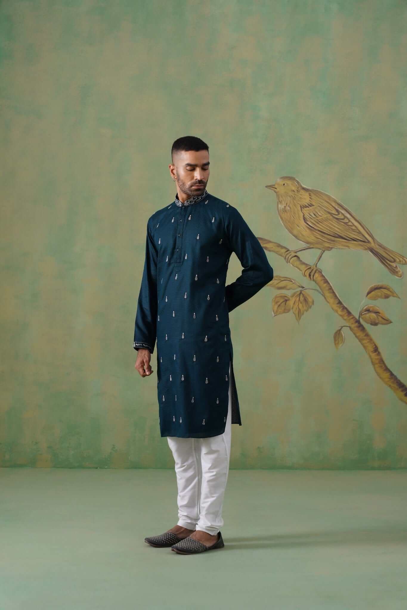 Prussian Blue Cotton Embroidered Kurta Set