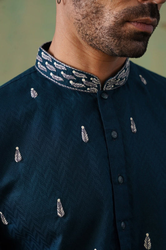 Prussian Blue Cotton Embroidered Kurta Set