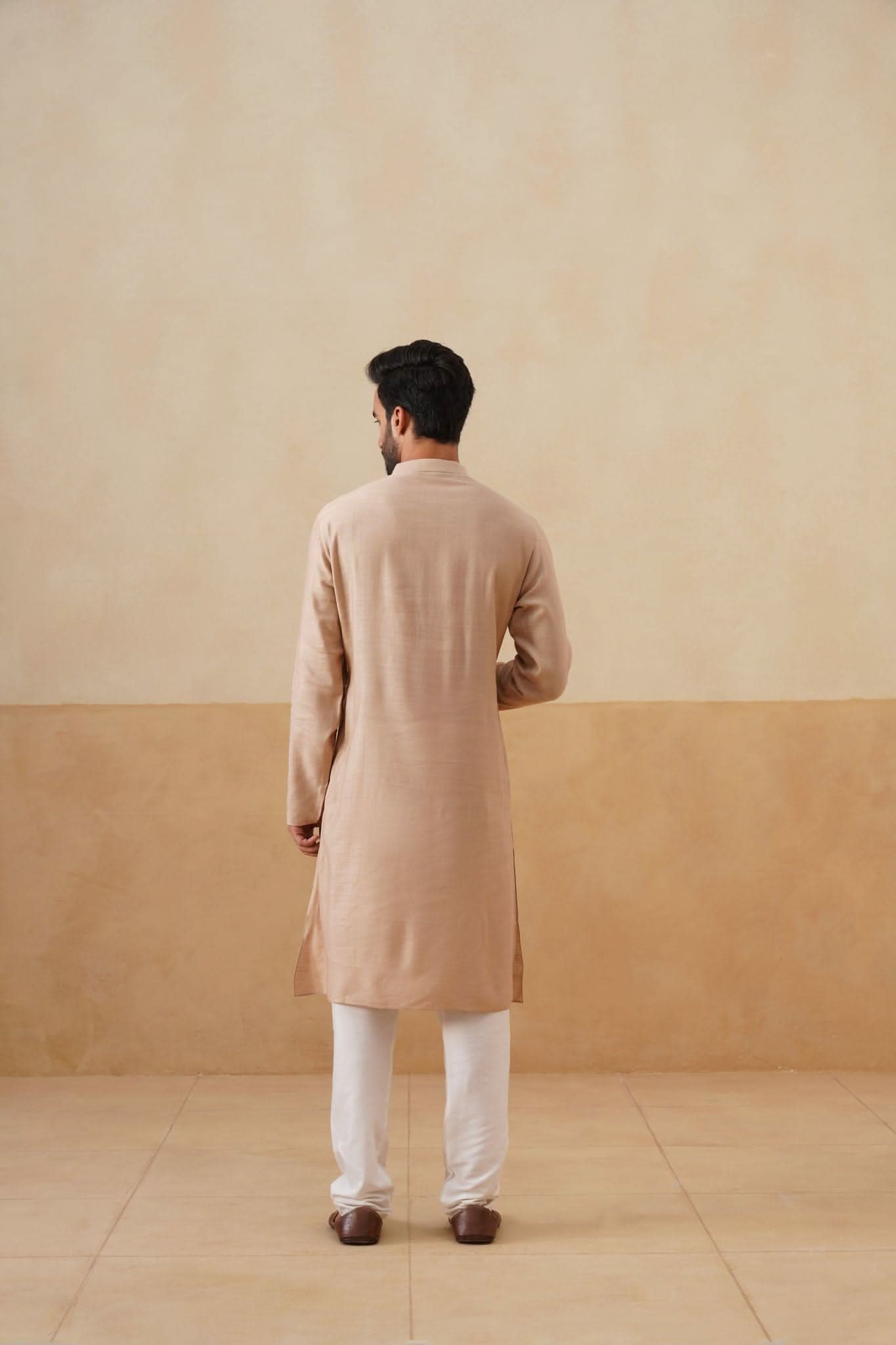 Beige Kurta with Contrast Maroon Placket