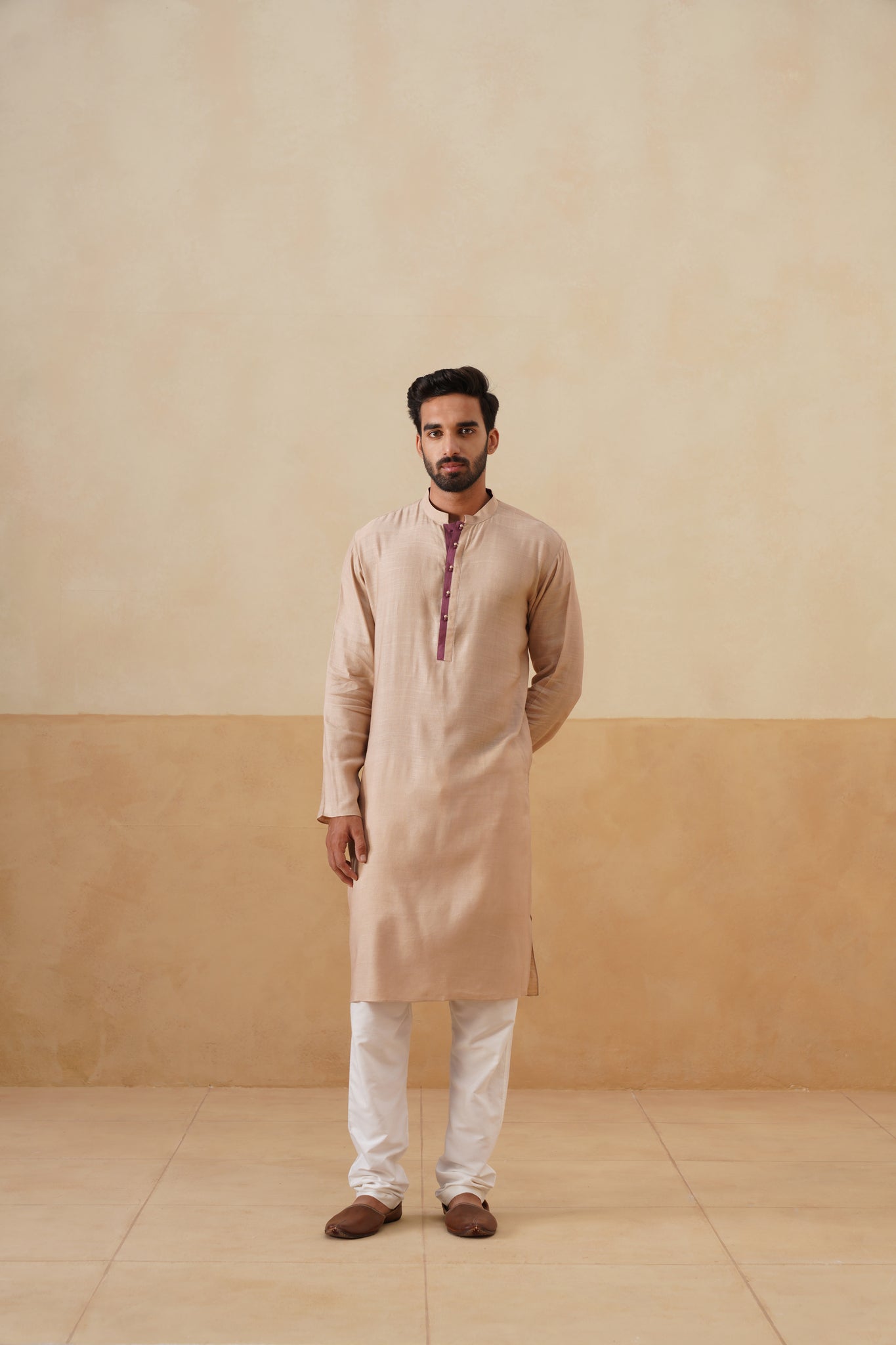 Beige Kurta with Maroon Placket