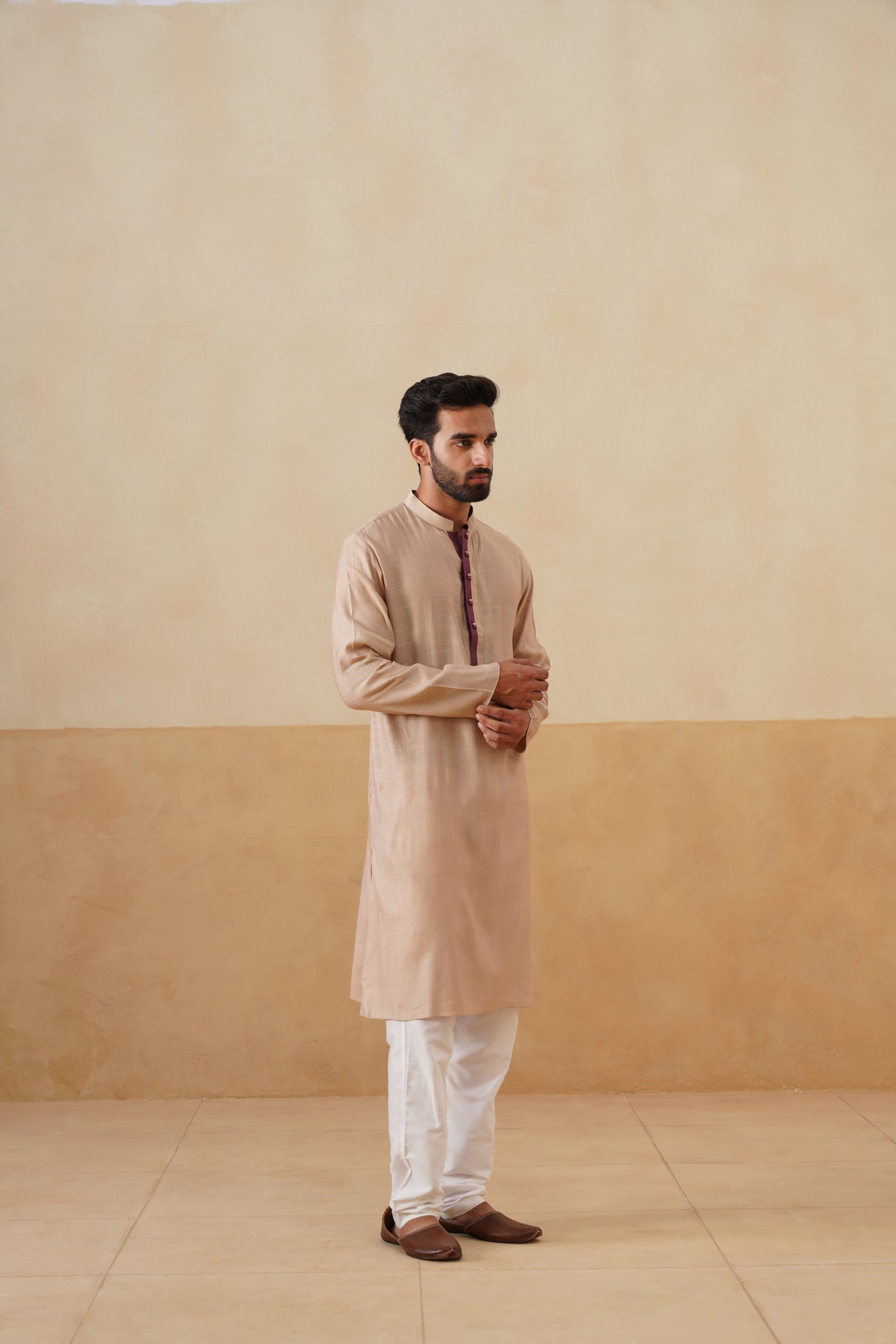 Beige Kurta with Maroon Placket