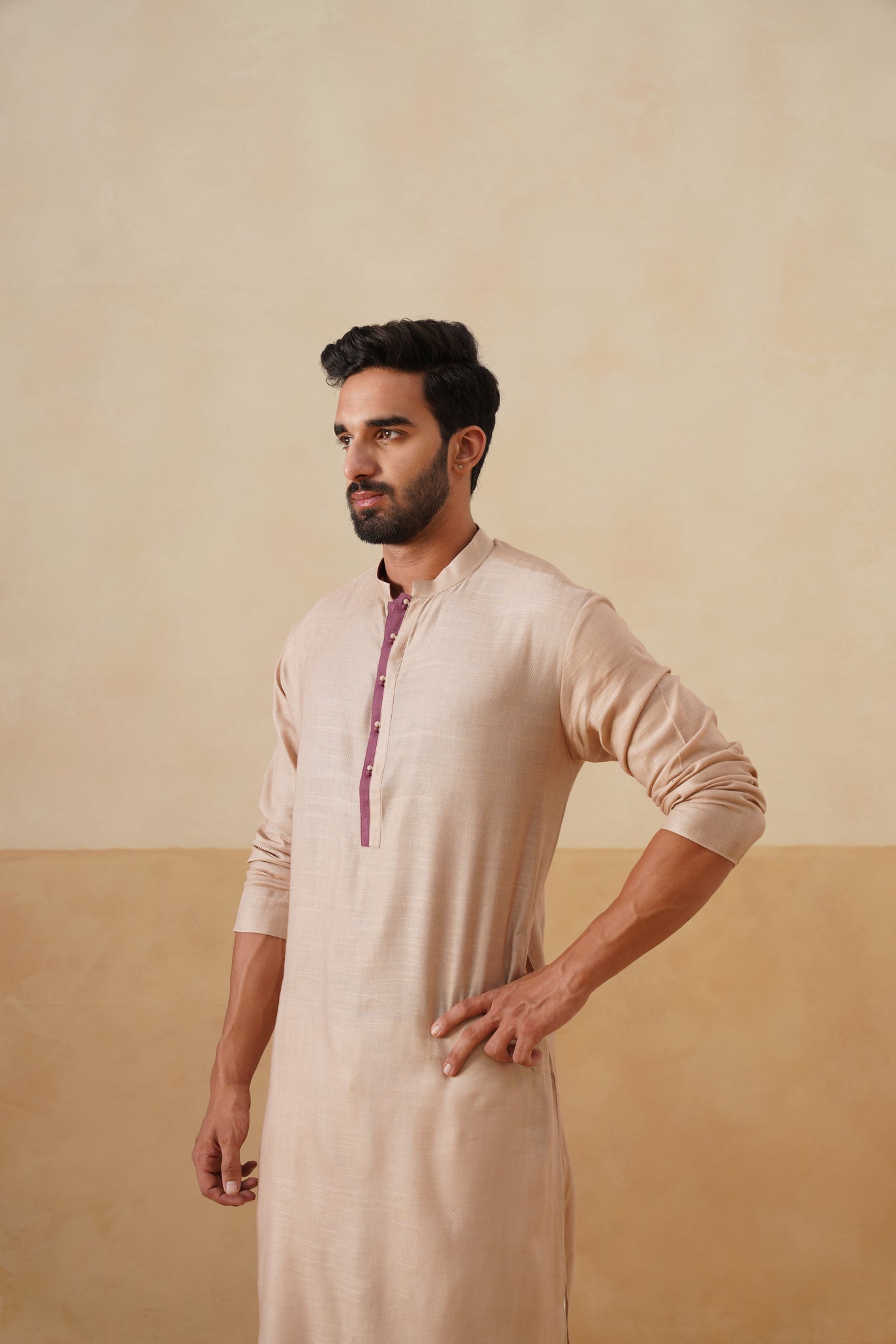 Beige Kurta with Maroon Placket