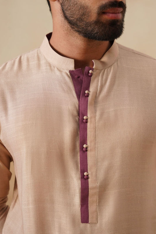 Beige Kurta with Contrast Maroon Placket