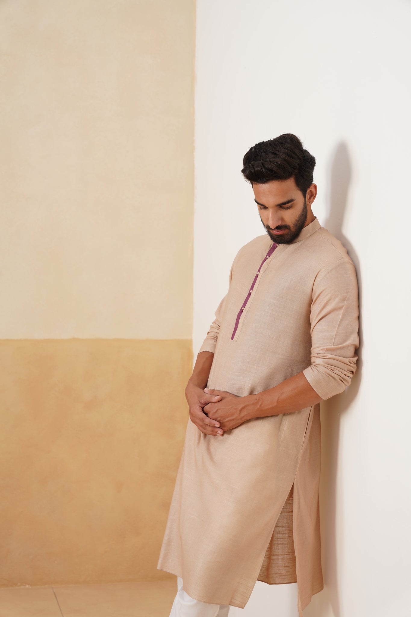 Beige Kurta with Maroon Placket