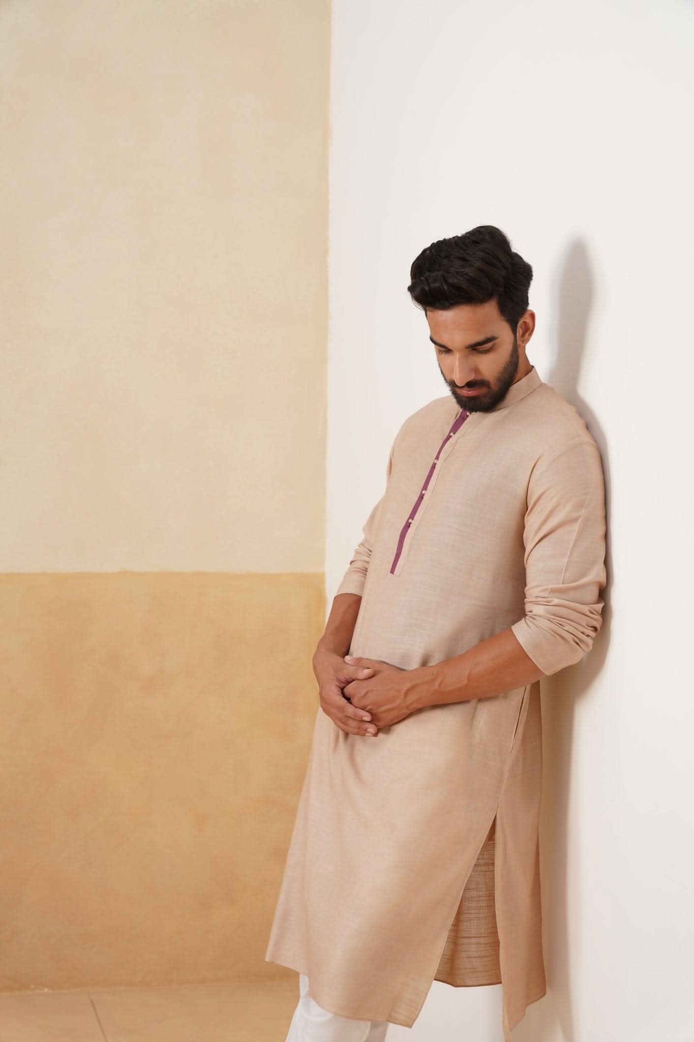 Beige Kurta with Contrast Maroon Placket