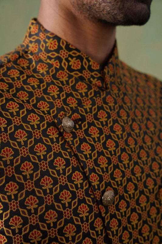 Black & Maroon Floral Motif Short Jacket for Men