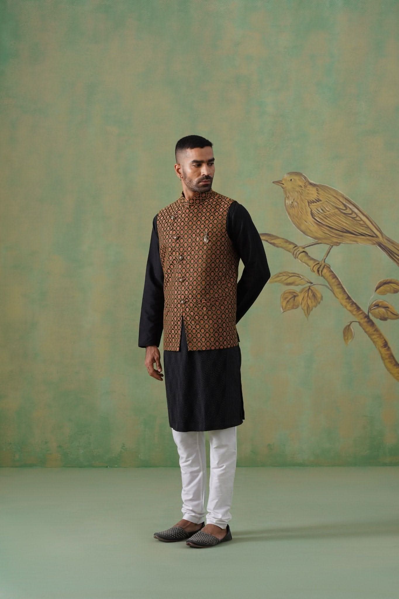 Black & Maroon Floral Motif Short Jacket for Men